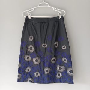 Boden A-Line Midi Knee Length Dark Grey Skirt Indigo & White Flowers, Size 6L